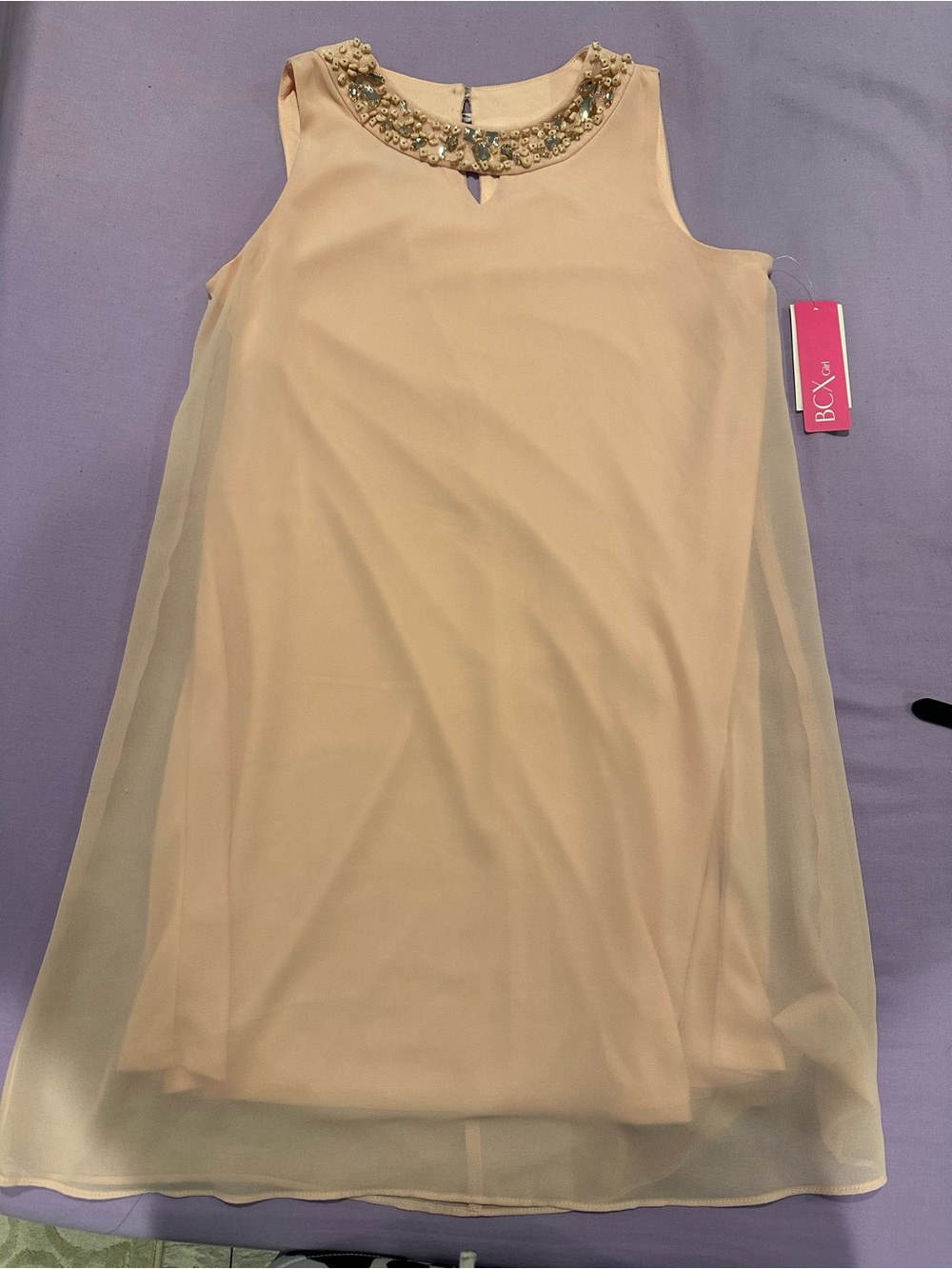 BCX Girls Light Cream Sleeveless Chiffon Dress with Beaded Neckline